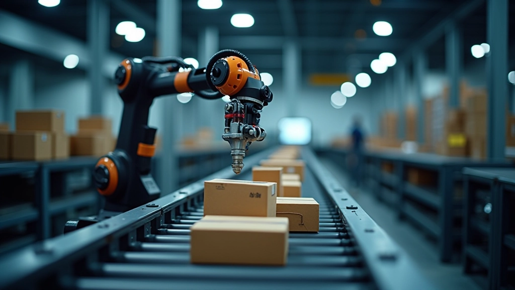Automatski sortirni sistem radi noću, robot manipulator sortira pakete na različite trake