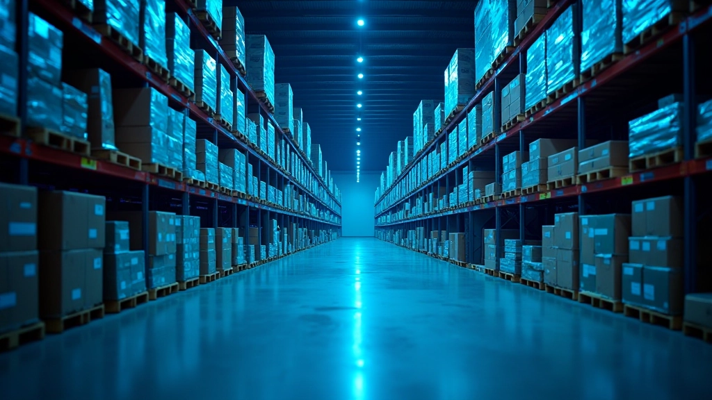 Noćna operacija u logističkom centru s plavom rasvjetom i aktivnim sustavima